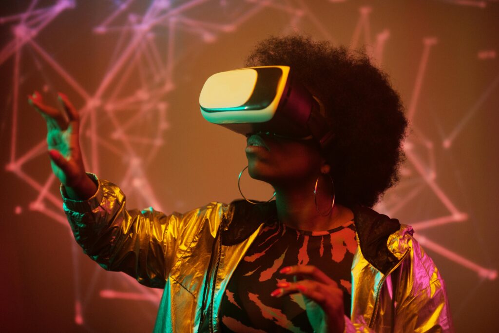 A futuristic scene featuring an African American woman engaged with VR technology.