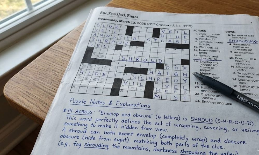 Envelop and Obscure NYT Crossword Answer Explained